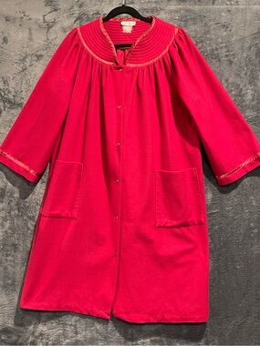 2X Vintage Red Flannel Snap Button-Front women House Coat Patio Dress Nightgown